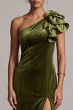 Olive Velvet Sheath Ruffled One Shoulder Long Formal Dress with Slit