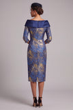 Royal Blue Sheath Off the Shoulder Printed Midi Mother of the Bride Dress with 3/4 Sleeves