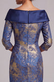 Royal Blue Sheath Off the Shoulder Printed Midi Mother of the Bride Dress with 3/4 Sleeves