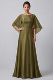 Olive A-Line Bateau Neck Satin Flutter Sleeves Long Mother of the Bride Dress with Beading