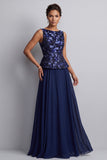 Navy A-Line Bateau Neck Chiffon Printed Long Mother of the Bride Dress