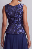 Navy A-Line Bateau Neck Chiffon Printed Long Mother of the Bride Dress