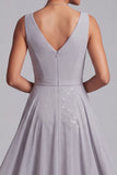 Light Grey Sheath V-Neck Ruched Chiffon Midi Mother of the Bride Dress with Sequins