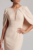 Champagne Mermaid Round Neck Cape Long Mother of the Bride Dress with Beading