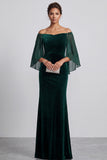 Dark Green Mermaid Off the Shoulder Flare Sleeves Velvet Long Formal Dress with Rhinestones