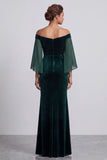Dark Green Mermaid Off the Shoulder Flare Sleeves Velvet Long Formal Dress with Rhinestones