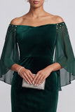 Dark Green Mermaid Off the Shoulder Flare Sleeves Velvet Long Formal Dress with Rhinestones