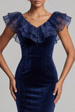 Dark Blue Velvet Mermaid V-Neck Ruffled Long Mother of the Bride Dress