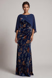 Dark Blue Sheath Bateau Velvet Neck Ruched Long Formal Dress with Chiffon Cape