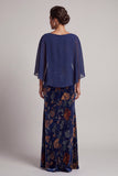 Dark Blue Sheath Bateau Velvet Neck Ruched Long Formal Dress with Chiffon Cape