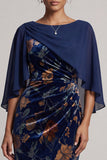 Dark Blue Sheath Bateau Velvet Neck Ruched Long Formal Dress with Chiffon Cape