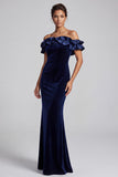 Navy Mermaid Off the Shoulder Ruffled Velvet Long Formal Dress