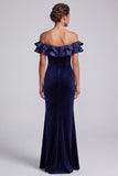 Navy Mermaid Off the Shoulder Ruffled Velvet Long Formal Dress