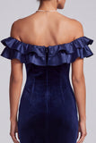 Navy Mermaid Off the Shoulder Ruffled Velvet Long Formal Dress
