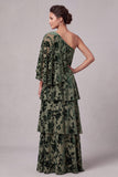 Dusty Sage Velvet A-Line One Shoulder Tiered Long Mother of the Bride Dress