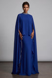 Dark Blue Sheath Chiffon High Neck Cape Maxi Mother of the Bride Dress with Beading