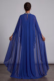Dark Blue Sheath Chiffon High Neck Cape Maxi Mother of the Bride Dress with Beading