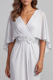 Light Grey Sheath V-Neck Flutter Sleeves Chiffon Long Mother of the Bride Dress with Appliques