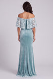 Light Blue Mermaid Off the Shoulder Velvet Long Formal Dress with Lace Appliques
