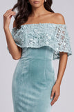 Light Blue Mermaid Off the Shoulder Velvet Long Formal Dress with Lace Appliques