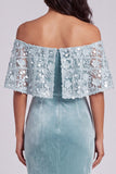 Light Blue Mermaid Off the Shoulder Velvet Long Formal Dress with Lace Appliques