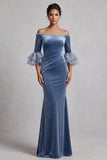 Dusty Blue Mermaid Off the Shoulder Velvet Ruched Ruffled Sleeves Long Formal Dress with Rhinestones