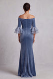 Dusty Blue Mermaid Off the Shoulder Velvet Ruched Ruffled Sleeves Long Formal Dress with Rhinestones