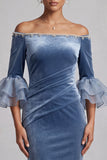 Dusty Blue Mermaid Off the Shoulder Velvet Ruched Ruffled Sleeves Long Formal Dress with Rhinestones