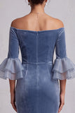 Dusty Blue Mermaid Off the Shoulder Velvet Ruched Ruffled Sleeves Long Formal Dress with Rhinestones