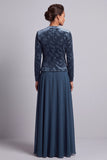 Peacock Blue 2-Piece A-Line Long Mother of the Bride Dress with Velvet Bolero Jacket