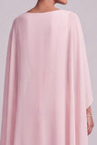 Blush A-Line Chiffon Bateau Neck Cape Long Mother of the Bride Dress with Beading