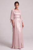 Blush Sheath Round Neck Cape Sleeves Chiffon Long Mother of the Bride Dress with Beading