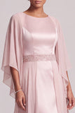 Blush Sheath Round Neck Cape Sleeves Chiffon Long Mother of the Bride Dress with Beading