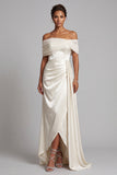 Ivory Sheath Off the Shoulder High Low Satin Ruched Long Formal Dress with Beading