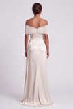 Ivory Sheath Off the Shoulder High Low Satin Ruched Long Formal Dress with Beading