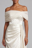 Ivory Sheath Off the Shoulder High Low Satin Ruched Long Formal Dress with Beading