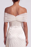 Ivory Sheath Off the Shoulder High Low Satin Ruched Long Formal Dress with Beading