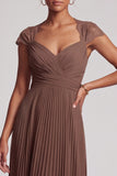 Coffee A-Line V-Neck Chiffon Pleated Long Formal Dress with Lace