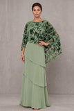 Dusty Sage Sheath Round Neck Tiered Long Mother of the Bride Dress with Burnout Velvet Cape