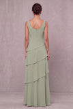 Dusty Sage Sheath Round Neck Tiered Long Mother of the Bride Dress with Burnout Velvet Cape