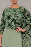 Dusty Sage Sheath Round Neck Tiered Long Mother of the Bride Dress with Burnout Velvet Cape