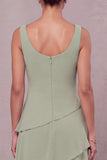 Dusty Sage Sheath Round Neck Tiered Long Mother of the Bride Dress with Burnout Velvet Cape