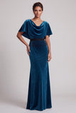 Peacock Blue Sheath Cowl Neck Velvet Long Mother of the Bride Dress with Fringes