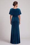 Peacock Blue Sheath Cowl Neck Velvet Long Mother of the Bride Dress with Fringes