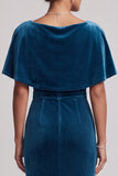 Peacock Blue Sheath Cowl Neck Velvet Long Mother of the Bride Dress with Fringes