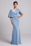 Light Blue Mermaid Cape Velvet Long Formal Dress with 3D Flower