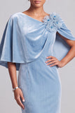 Light Blue Mermaid Cape Velvet Long Formal Dress with 3D Flower