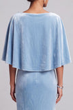 Light Blue Mermaid Cape Velvet Long Formal Dress with 3D Flower