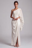Ivory Sheath One Shoulder Draped Ruched Long Formal Dress with Beaded