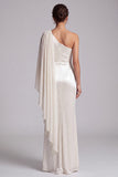 Ivory Sheath One Shoulder Draped Ruched Long Formal Dress with Beaded